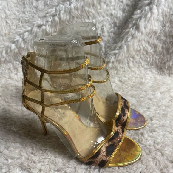 Shoe Dazzle leopard print and gold synthetic straps sandals back Zipper SZ8 - Picture 4 of 10